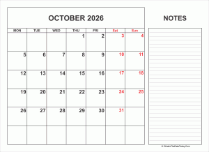 2026 printable october calendar with notes