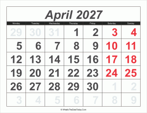 2027 calendar april with large numbers