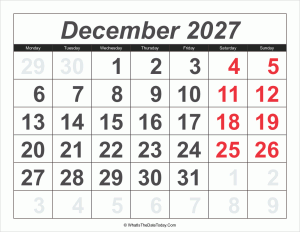 2027 calendar december with large numbers