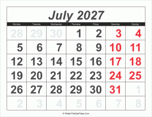 2027 calendar july with large numbers