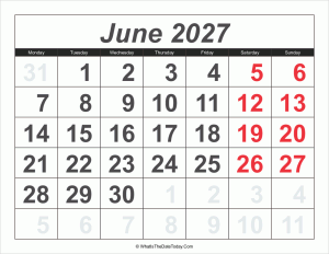 2027 calendar june with large numbers