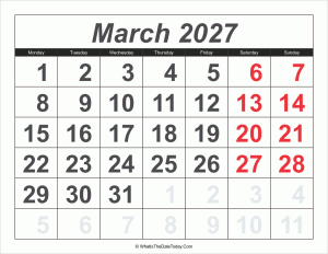 2027 calendar march with large numbers