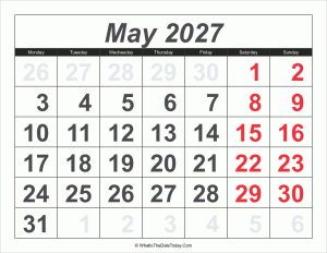 2027 calendar may with large numbers
