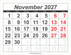 2027 calendar november with large numbers