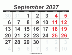 2027 calendar september with large numbers
