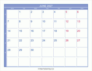 2027 june calendar with week numbers