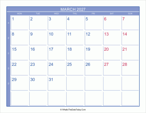 2027 march calendar with week numbers