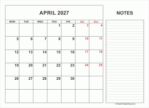 2027 printable april calendar with notes