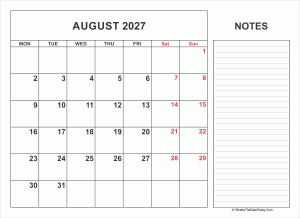 2027 printable august calendar with notes
