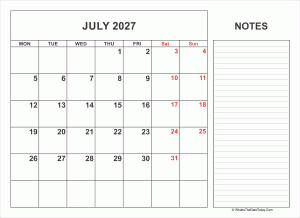 2027 printable july calendar with notes