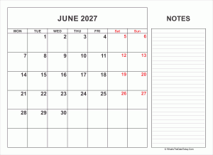 2027 printable june calendar with notes