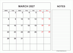 2027 printable march calendar with notes