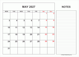 2027 printable may calendar with notes