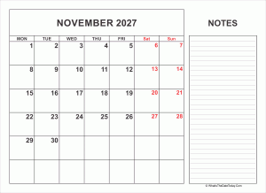 2027 printable november calendar with notes