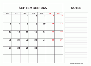 2027 printable september calendar with notes