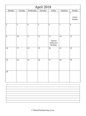 april 2018 calendar editable with notes (vertical)