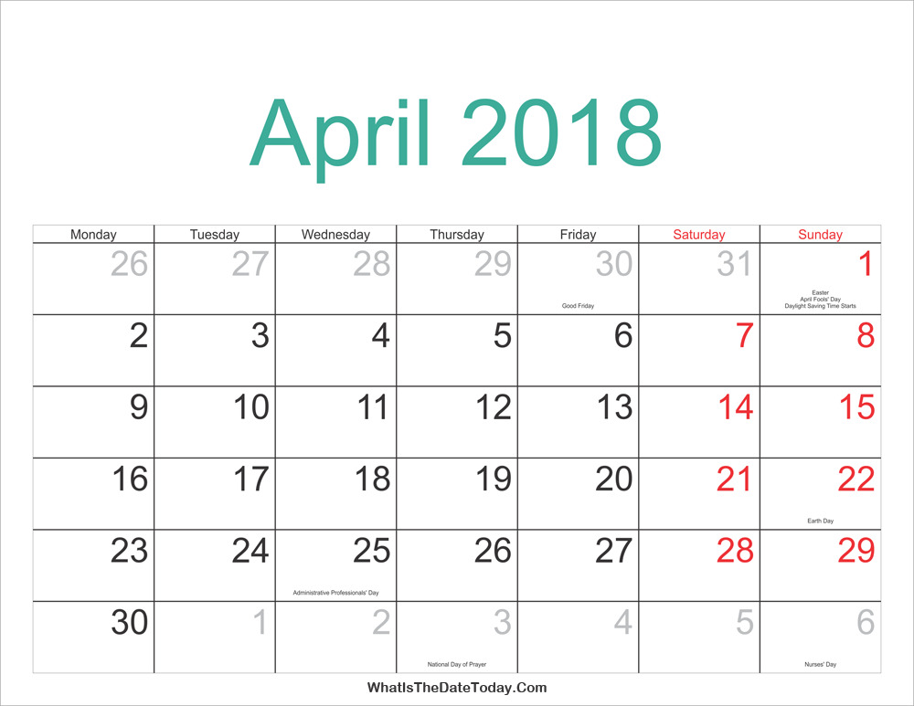 april 2018 Calendar Printable with Holidays