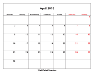 april 2018 calendar with weekend highlight