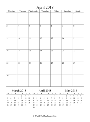april 2018 editable calendar (vertical) with three mini months