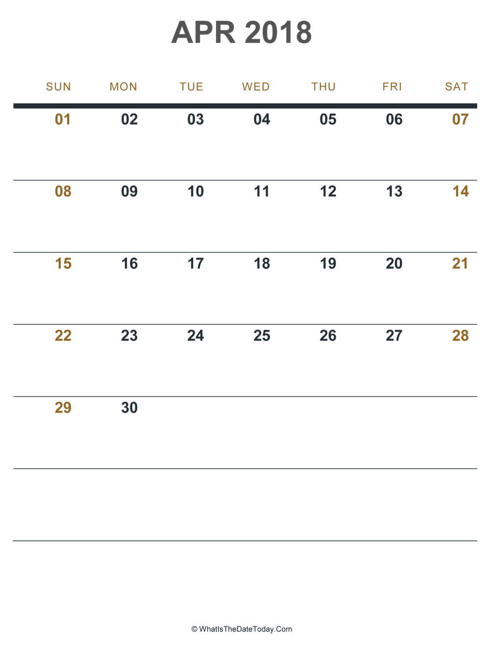 april 2018 printable calendar (portrait layout)