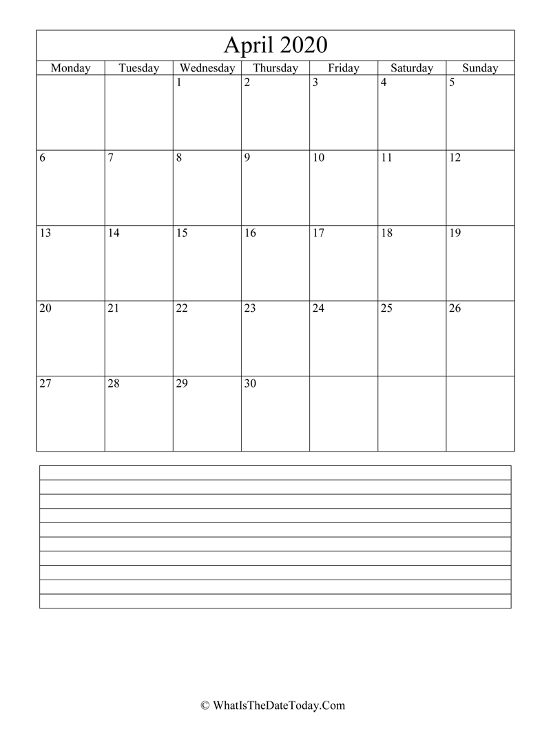april 2020 calendar editable with notes in vertical layout