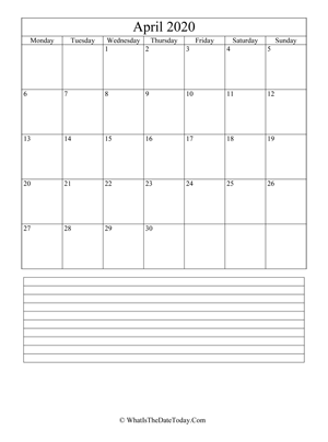 april 2020 calendar editable with notes