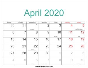 april 2020 calendar printable with holidays