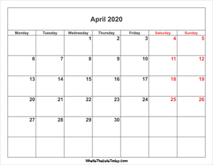 april 2020 calendar with weekend highlight