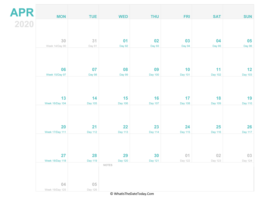 april 2020 Editable Calendar