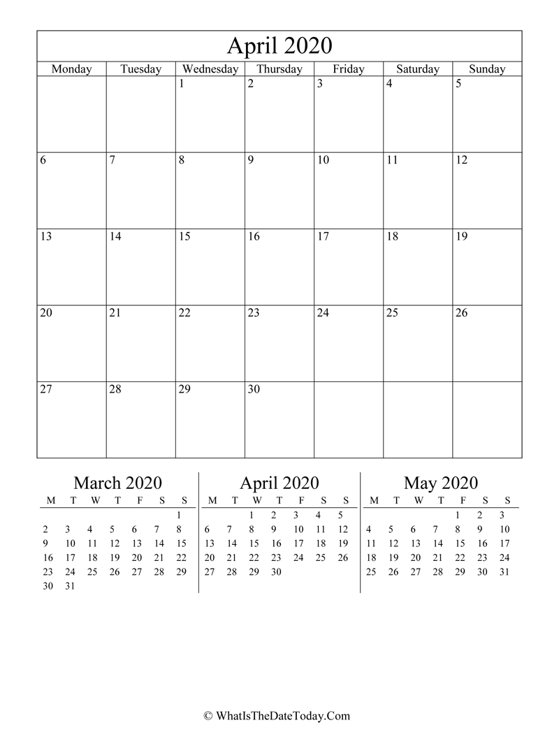 april 2020 editable calendar with three mini calendars in vertical layout