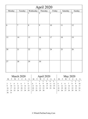 april 2020 editable calendar (vertical) with three mini months