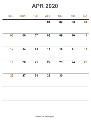 april 2020 printable calendar