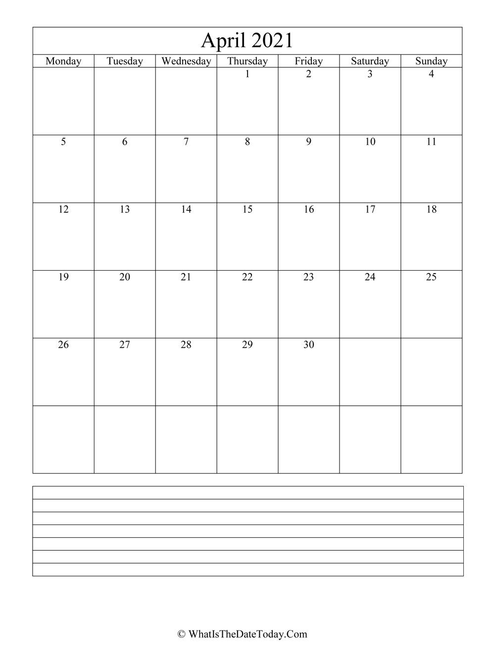 april 2021 calendar editable with notes in vertical layout