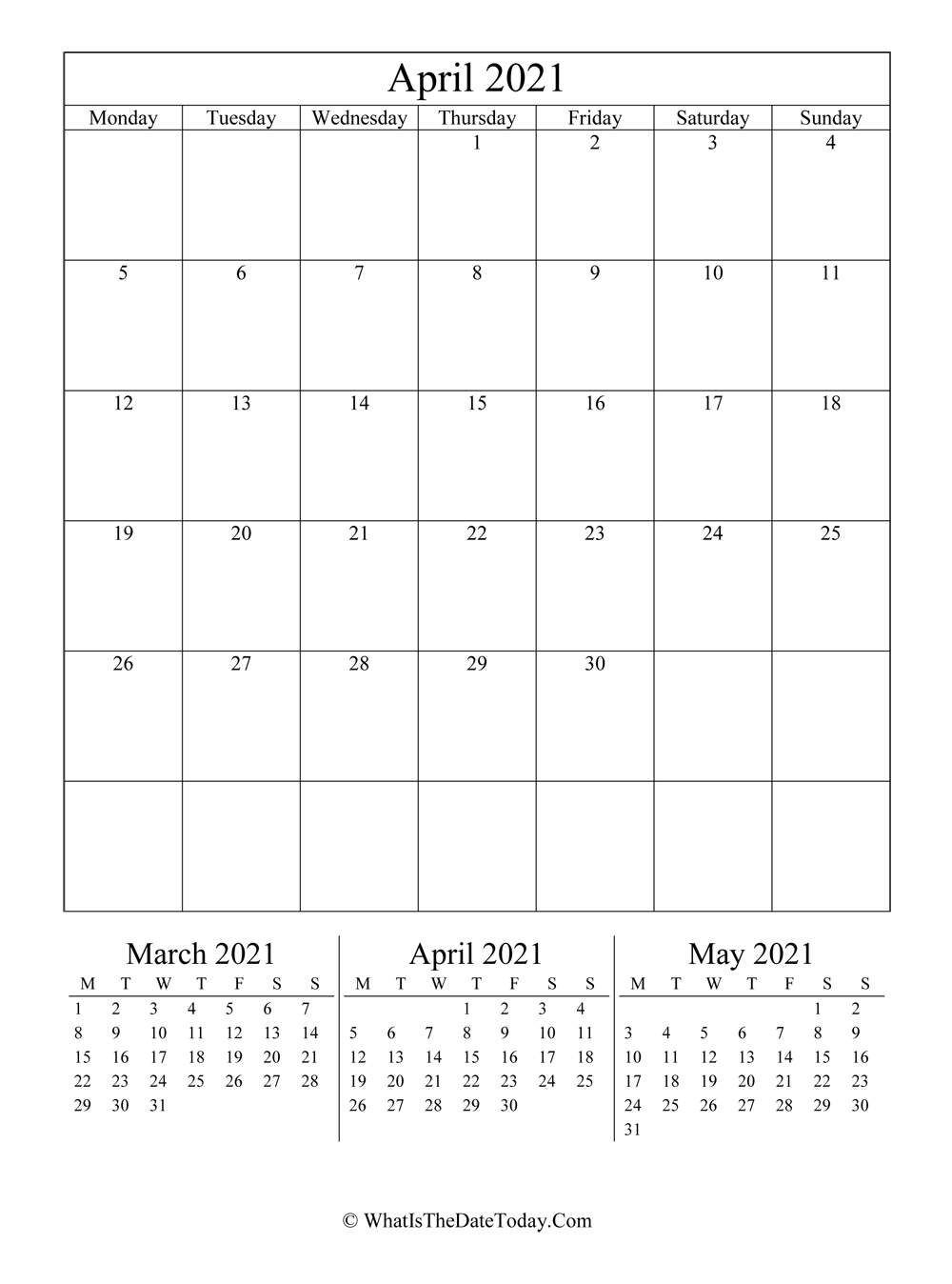 april 2021 editable calendar with three mini calendars in vertical layout