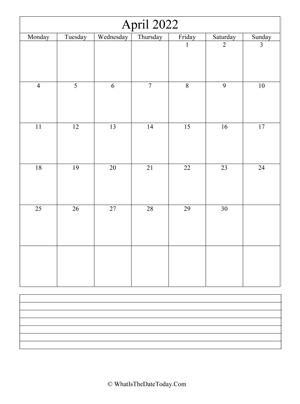 april 2022 calendar editable with notes (vertical)