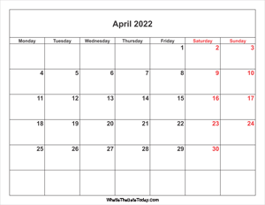 april 2022 calendar with weekend highlight