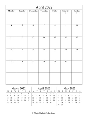 april 2022 editable calendar (vertical) with three mini months
