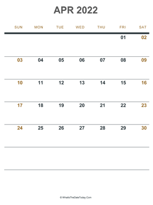 april 2022 printable calendar