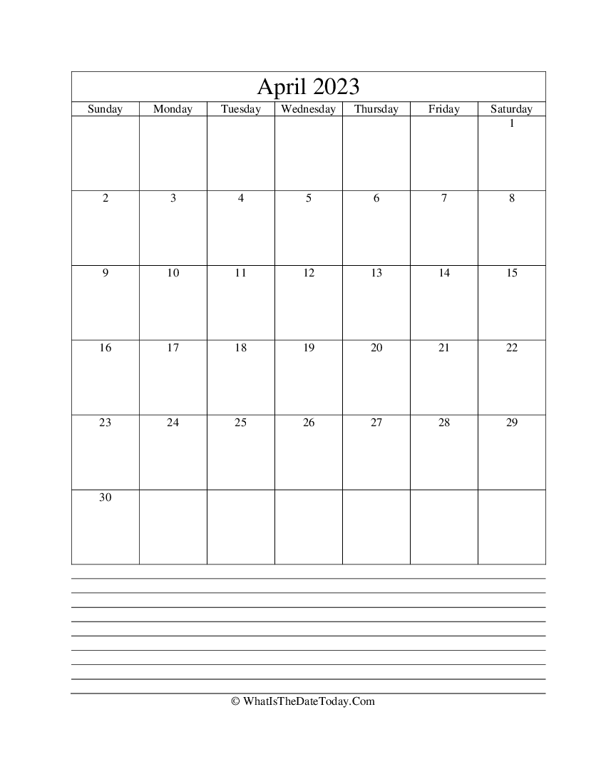 april 2023 calendar editable with notes in vertical layout