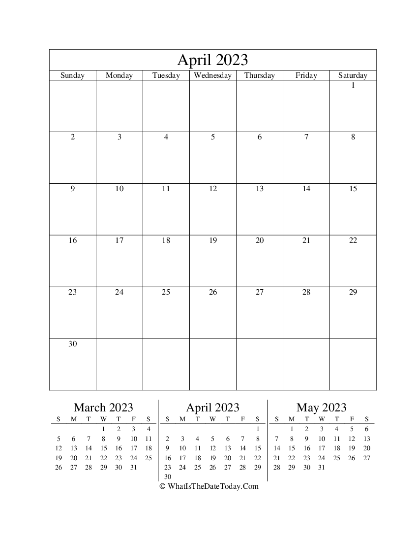 april 2023 editable calendar with three mini calendars in vertical layout
