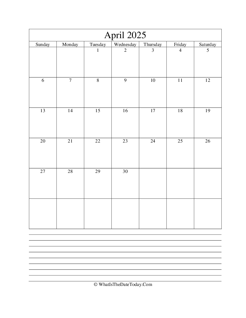 april 2025 calendar editable with notes in vertical layout