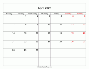 april 2025 calendar with weekend highlight