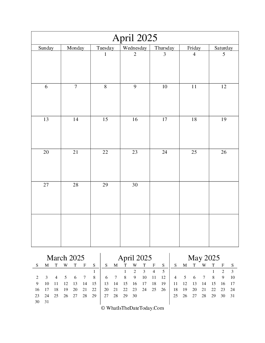 april 2025 editable calendar with three mini calendars in vertical layout