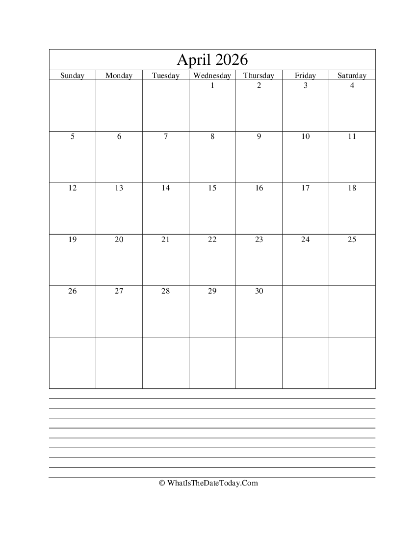 april 2026 calendar editable with notes in vertical layout