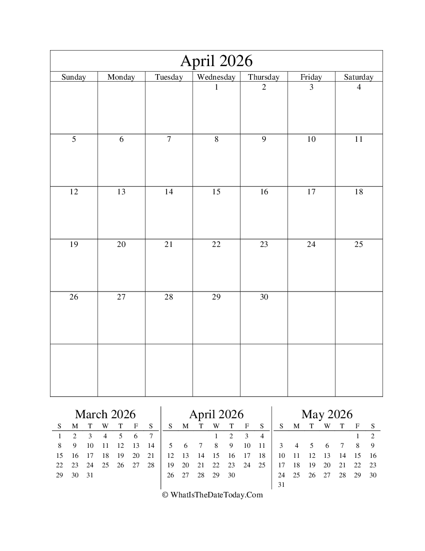 april 2026 editable calendar with three mini calendars in vertical layout