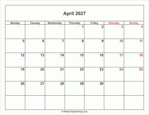 april 2027 calendar with weekend highlight