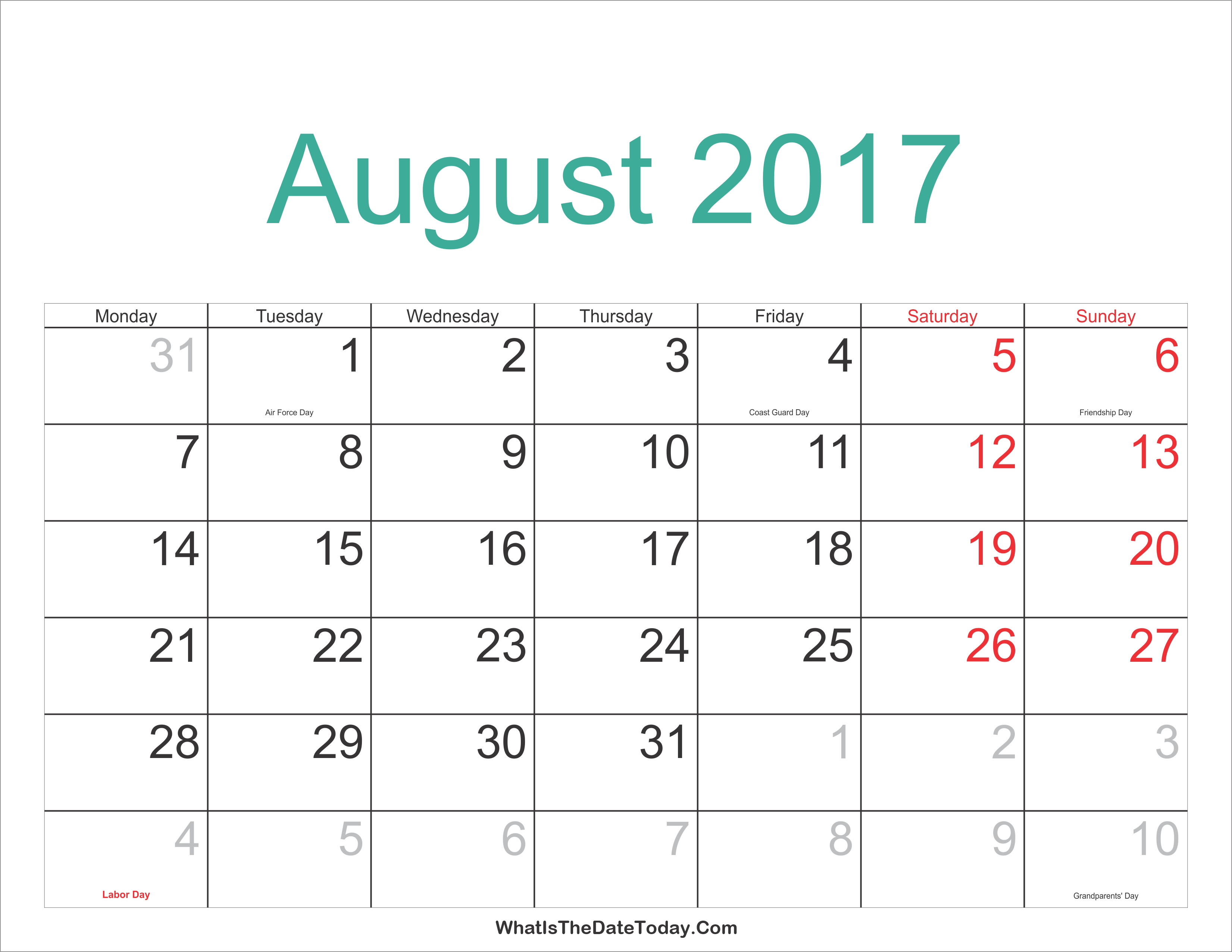 calendar for august 2017