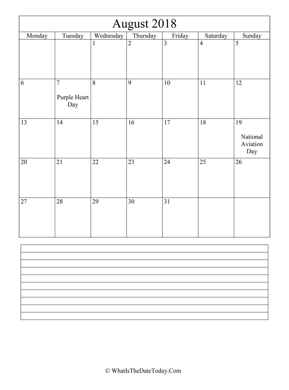 august 2018 calendar editable with notes in vertical layout