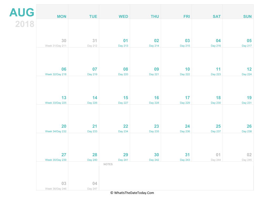 august 2018 Editable Calendar