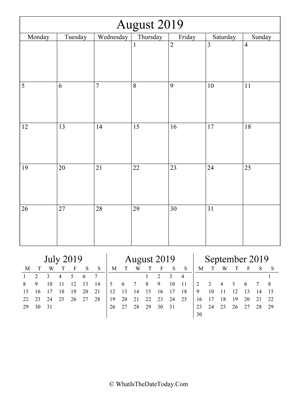august 2019 editable calendar (vertical) with three mini months